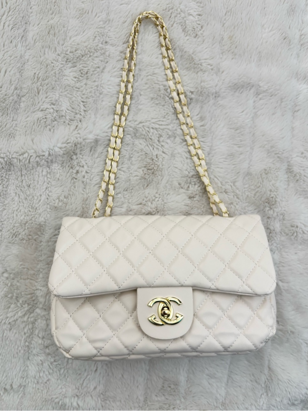 Cream Quilted Chain Shoulder Bag - Designer Style New - Picture 5 of 14